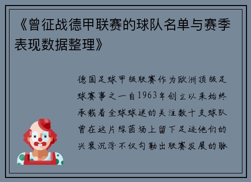 《曾征战德甲联赛的球队名单与赛季表现数据整理》