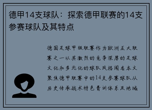 德甲14支球队：探索德甲联赛的14支参赛球队及其特点