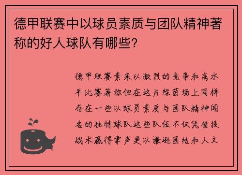 德甲联赛中以球员素质与团队精神著称的好人球队有哪些？